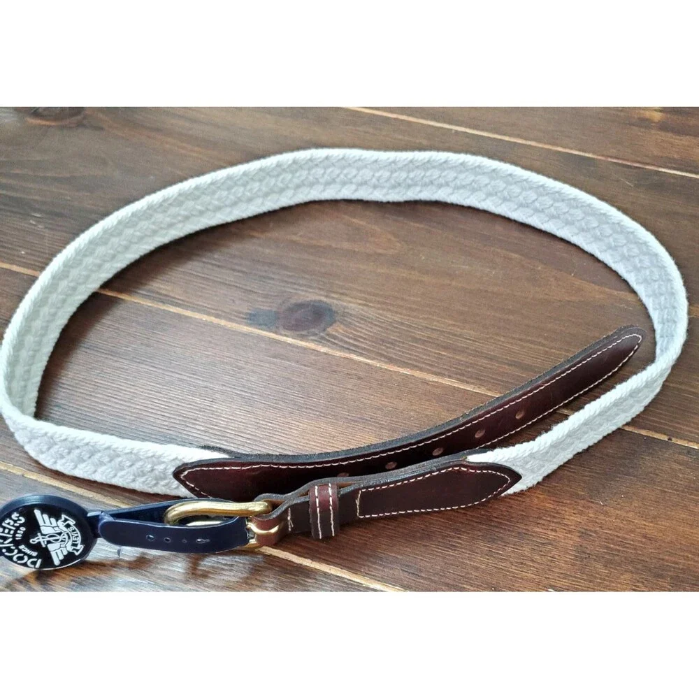 Dockers Belt Womens 32 White Canvass Brown Leather Brass Buckle Woven Braided